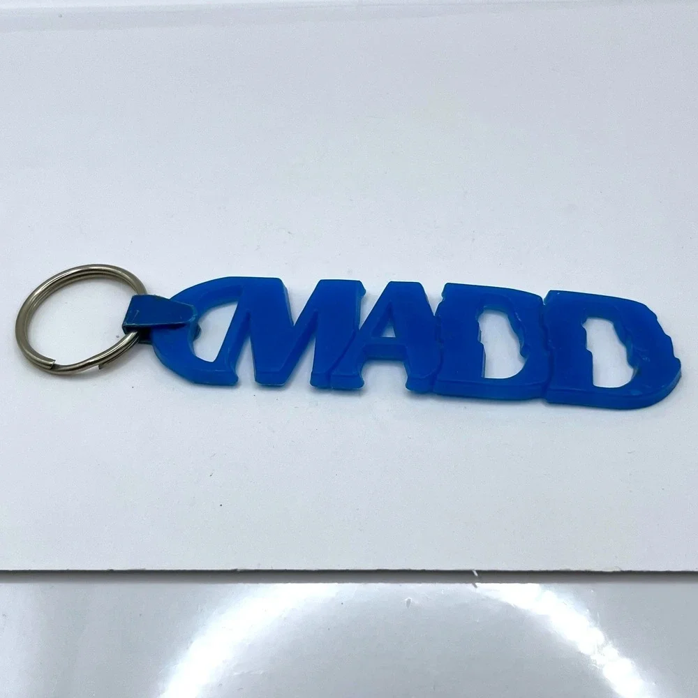 Vintage MADD Keychain Blue Rubber Mothers Against Drunk Driving‎ Awareness Logo